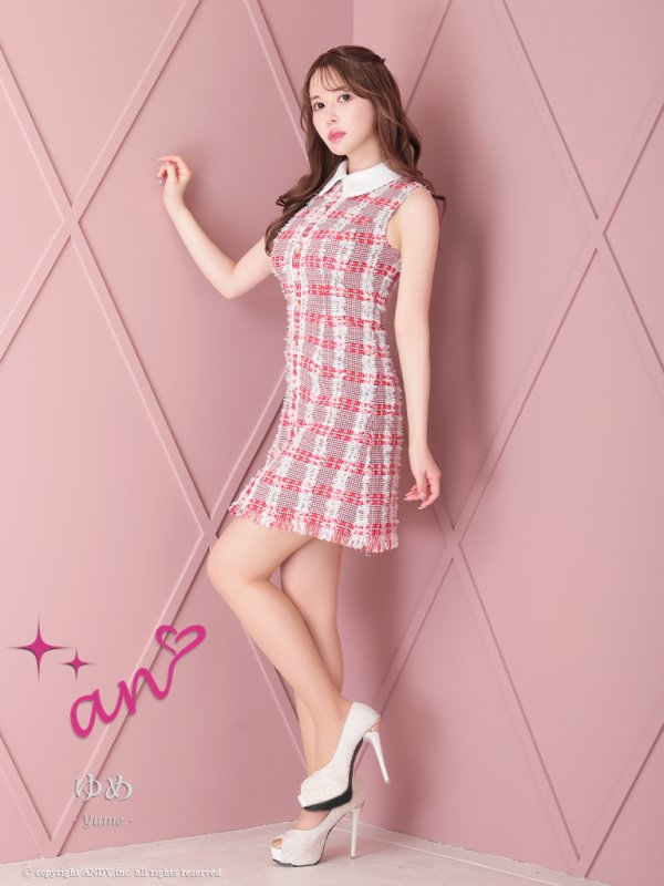 画像4: XSサイズあり【an/アン】ツイードチェック/ ノースリーブ/ 襟付き/ パールボタン/ 裾フリンジ/ Aライン/ ミニドレス/ キャバドレス[OF05] (4)