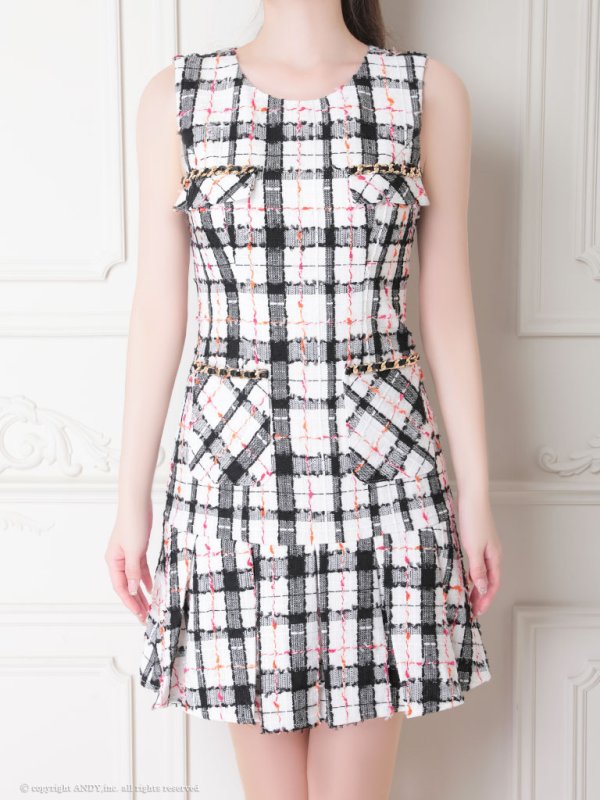 画像13: XSサイズあり【an/アン】ツイードチェック/ ノースリーブ/ ポケット風/ チェーン/ ボックスプリーツ/ フレア/ ミニドレス/ キャバドレス[OF05] (13)