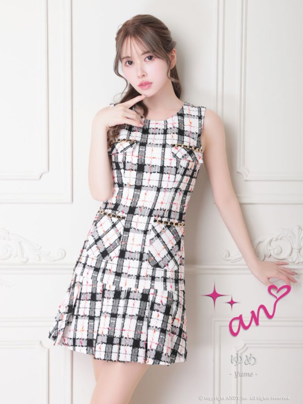 画像9: XSサイズあり【an/アン】ツイードチェック/ ノースリーブ/ ポケット風/ チェーン/ ボックスプリーツ/ フレア/ ミニドレス/ キャバドレス[OF05] (9)