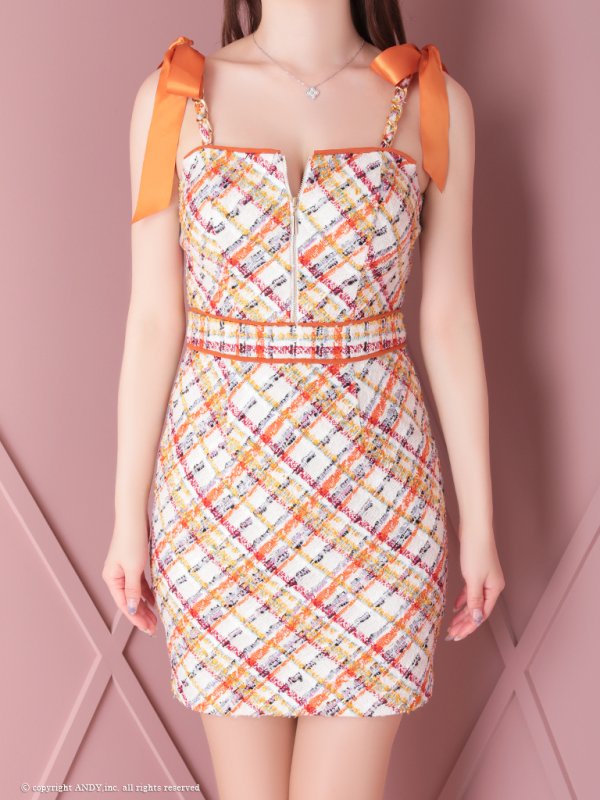 画像14: XSサイズあり 【an ANDY Fashion Press COLLECTION 05】ショルダーリボン/ ツイード/ チェック/ フロントジッパー/ キャミソール/ タイト/ ミニドレス/ キャバドレス[OF05] (14)