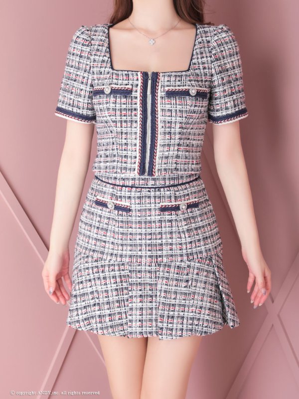 画像14: XSサイズあり【an/アン】 チェックツイード/ フロントジップ/ 半袖/ 袖あり/ パイピング/ マーメイド/ セットアップ/ ミニドレス/ キャバドレス[OF05] (14)