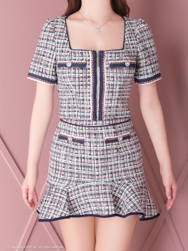 画像22: XSサイズあり【an/アン】 チェックツイード/ フロントジップ/ 半袖/ 袖あり/ パイピング/ マーメイド/ セットアップ/ ミニドレス/ キャバドレス[OF05] (22)