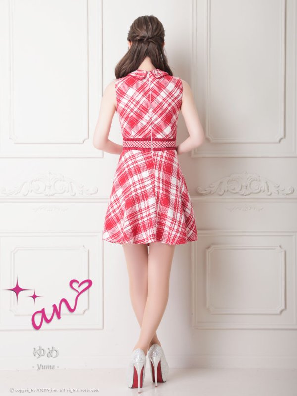 画像5: XSサイズあり 【an /アン】フロントジップ/ チェック/ ツイード/ 襟付き/ ノースリーブ/  フレア/ ミニドレス/ キャバドレス[OF05] (5)