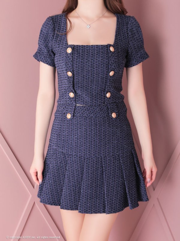 画像19: XSサイズあり【an/アン】ツイード/ ボタンデザイン/ 半袖/ 袖あり/ パフスリーブ/ セットアップ/ プリーツ/ ミニドレス/ キャバドレス[OF05] (19)