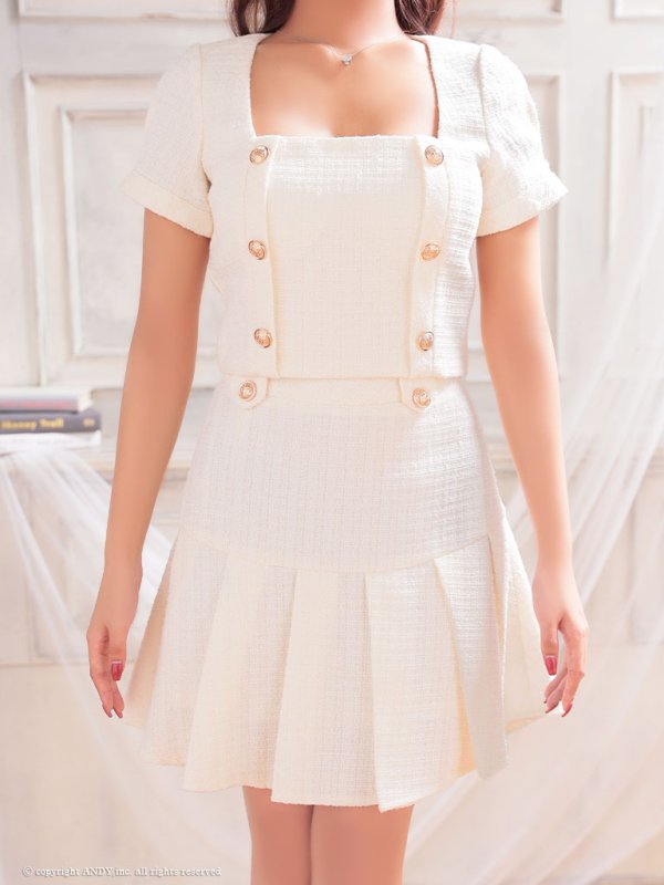 画像12: XSサイズあり【an/アン】ツイード/ ボタンデザイン/ 半袖/ 袖あり/ パフスリーブ/ セットアップ/ プリーツ/ ミニドレス/ キャバドレス[OF05] (12)