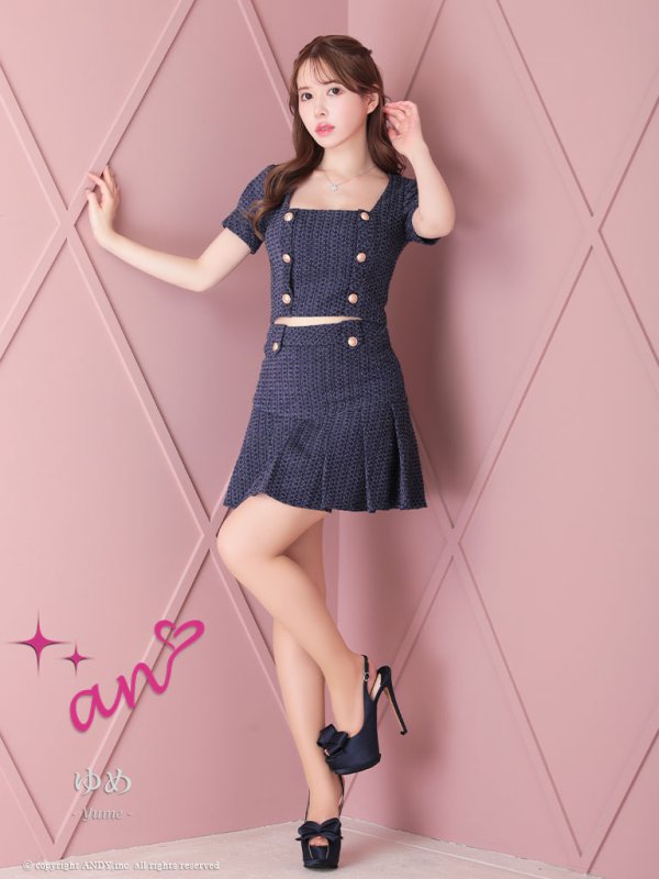 画像16: XSサイズあり【an/アン】ツイード/ ボタンデザイン/ 半袖/ 袖あり/ パフスリーブ/ セットアップ/ プリーツ/ ミニドレス/ キャバドレス[OF05] (16)