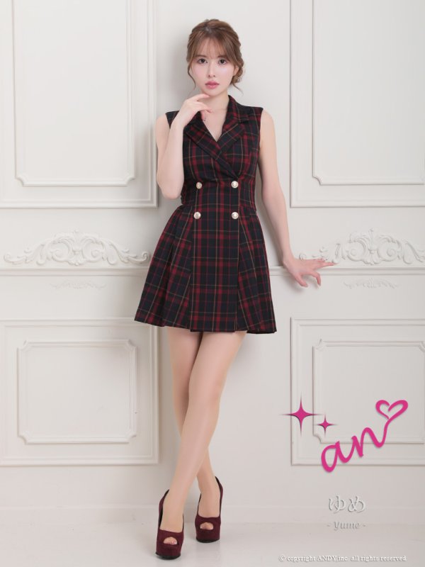 画像9: 【LIMITED SALE開催中！! 11月11日より順次発送予定】XSサイズあり【an/アン】襟付き/ チェック/ ジャケット風/ ノースリーブ/ ボタン/ プリーツ/ フレア/ ワンピース/ ミニドレス/ キャバドレス[OF05] (9)