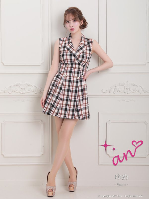 画像2: 【LIMITED SALE開催中！! 11月11日より順次発送予定】XSサイズあり【an/アン】襟付き/ チェック/ ジャケット風/ ノースリーブ/ ボタン/ プリーツ/ フレア/ ワンピース/ ミニドレス/ キャバドレス[OF05] (2)