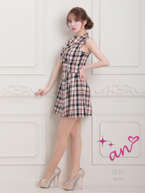 画像3: 【LIMITED SALE開催中！! 11月11日より順次発送予定】XSサイズあり【an/アン】襟付き/ チェック/ ジャケット風/ ノースリーブ/ ボタン/ プリーツ/ フレア/ ワンピース/ ミニドレス/ キャバドレス[OF05] (3)