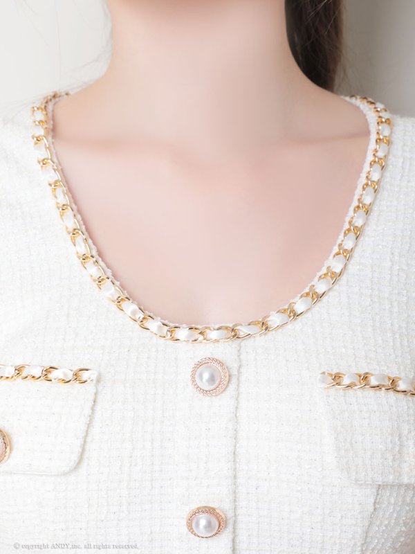 画像23: XSサイズあり【an/アン】 ツイード/ パールボタン/ パフスリーブ/ 半袖/ 袖あり/ ゴールドチェーン / フレア/ ワンピース/ ミニドレス/ キャバドレス[OF05] (23)