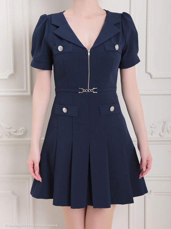 画像34: XSサイズあり 【an /アン】フロントジップ/ ワンカラー/ パフスリーブ/ 襟付き/ ベルト付き/ プリーツスカート/ ミニドレス/ キャバドレス[OF05] (34)