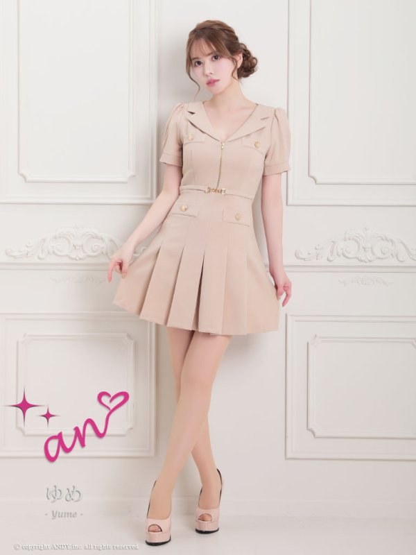 画像4: XSサイズあり 【an /アン】フロントジップ/ ワンカラー/ パフスリーブ/ 襟付き/ ベルト付き/ プリーツスカート/ ミニドレス/ キャバドレス[OF05] (4)