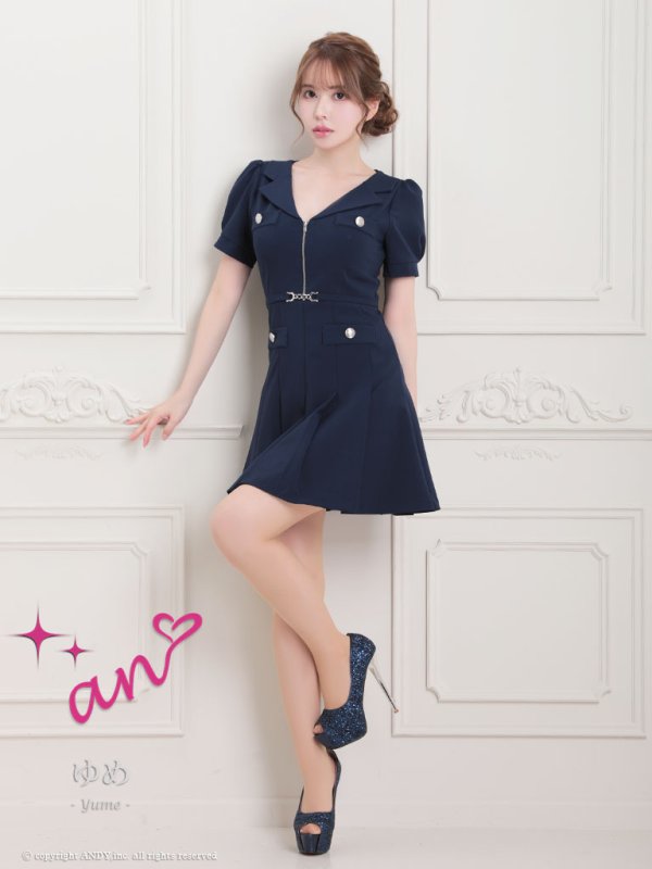 画像31: XSサイズあり 【an /アン】フロントジップ/ ワンカラー/ パフスリーブ/ 襟付き/ ベルト付き/ プリーツスカート/ ミニドレス/ キャバドレス[OF05] (31)
