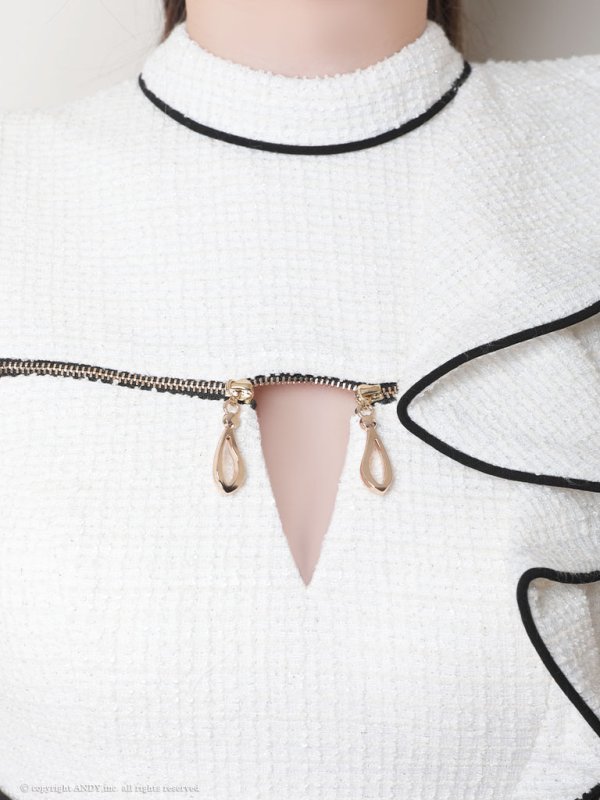 画像6: XSサイズあり【an/アン】フロントジップ/ 袖フリル/ ツイード/ ハイネック/ ストレッチ/ タイト/ ミニドレス/ キャバドレス[OF05] (6)