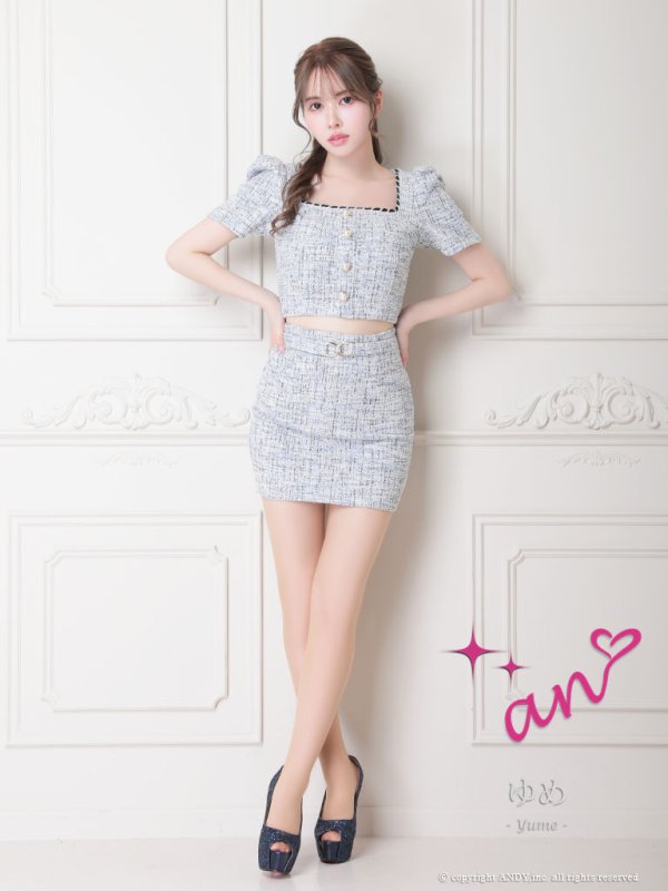 画像2: XSサイズあり【an/アン】 ツイード / セットアップ/ ストレッチ/ 半袖/ 袖あり/ パフスリーブ/ タイト/ ミニドレス/ キャバドレス[OF05] (2)