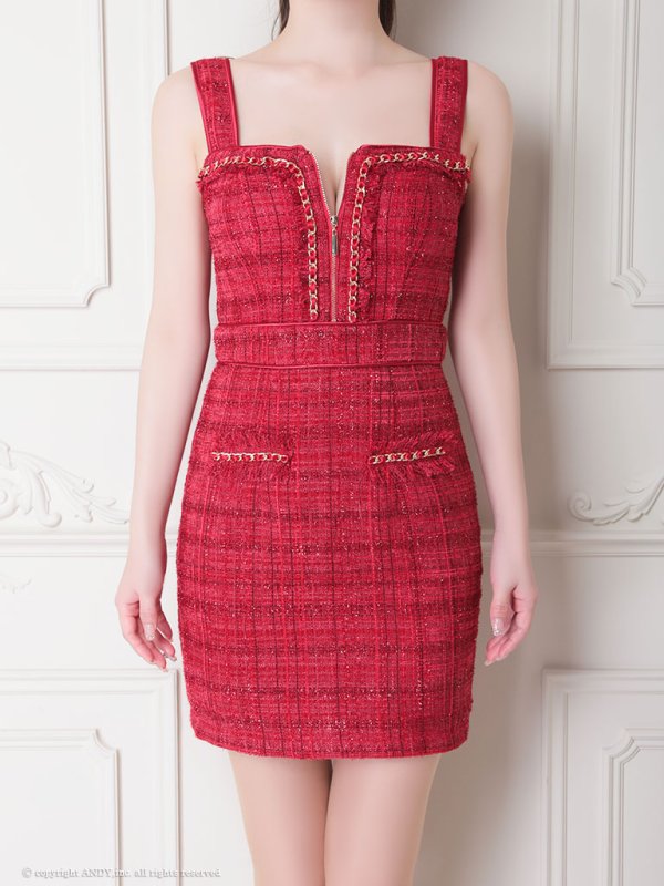 画像5: 【LIMITED SALE開催中！! 11月11日より順次発送予定】XSサイズあり【an /アン】 ツイード/ フロントジップ/ チェーン/ ノースリーブ/ ポケットデザイン/タイト/ ミニドレス/ キャバドレス[OF05] (5)