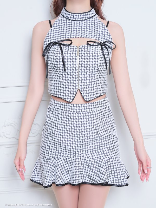 画像12: XSサイズあり【an /アン】セットアップ/ 千鳥柄/ ツイード/ ボタン/ フロントジップ/ キャミソール/ リボン/ カットアウト/ 裾フリル/ ミニドレス/ キャバドレス[OF05] (12)