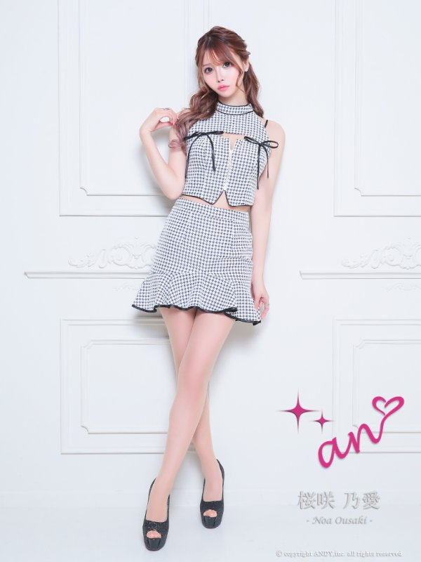 画像9: XSサイズあり【an /アン】セットアップ/ 千鳥柄/ ツイード/ ボタン/ フロントジップ/ キャミソール/ リボン/ カットアウト/ 裾フリル/ ミニドレス/ キャバドレス[OF05] (9)