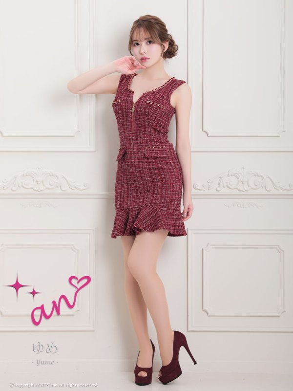 画像3: XSサイズあり【an/アン】フロントジップ/ チェック/ ツイード/ ノースリーブ/ チェーンパイピング/ タイト/ ミニドレス/ キャバドレス[OF05] (3)