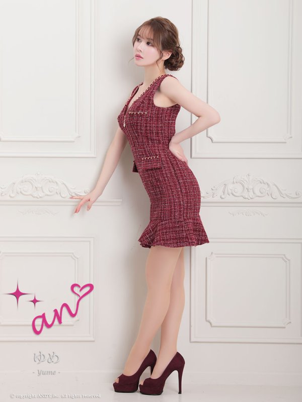 画像4: XSサイズあり【an/アン】フロントジップ/ チェック/ ツイード/ ノースリーブ/ チェーンパイピング/ タイト/ ミニドレス/ キャバドレス[OF05] (4)