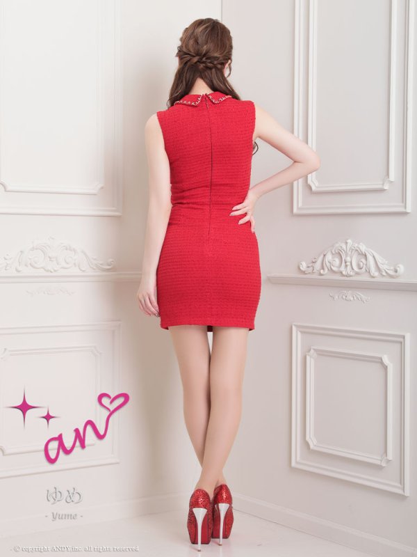 画像4: XSサイズあり【an/アン】襟付き/ チェーン/ カットアウト/ ノースリーブ/ ワンカラー/ タイト/ ミニドレス/ キャバドレス[OF05] (4)