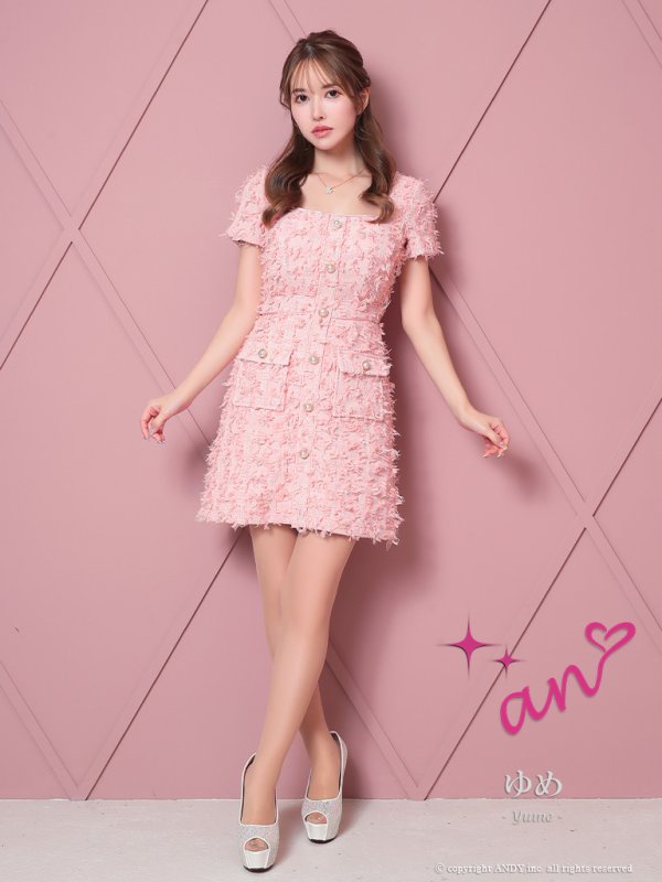 画像16: XSサイズあり【an /アン】パールボタン/ ツイード/ ワンカラー/ 半袖/ 襟付き/ フレア/ ミニドレス/ キャバドレス[OF05] (16)