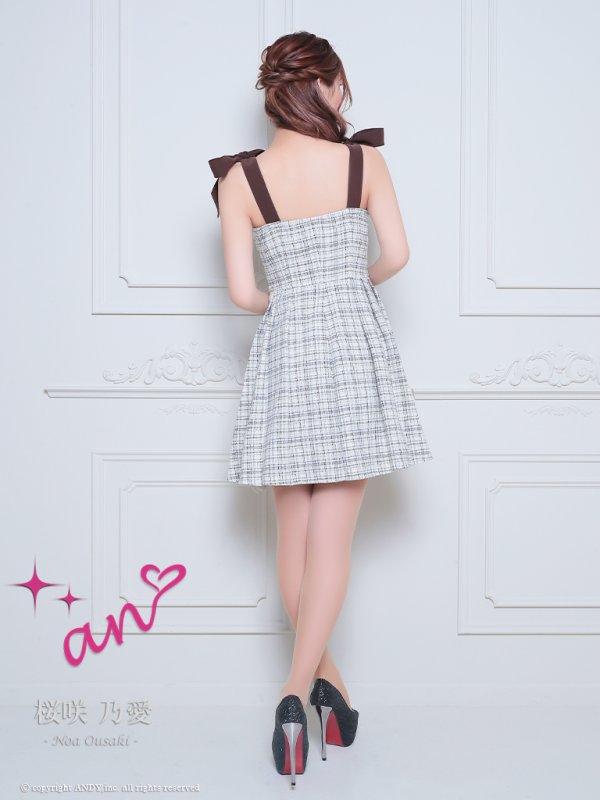 画像14: XSサイズあり【an /アン】ツイード/ パールボタン/ ショルダーリボン/ ノースリーブ/ フレア/ 裾プリーツ/ ミニドレス/ キャバドレス[OF05] (14)