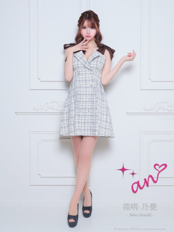 画像12: XSサイズあり【an /アン】ツイード/ パールボタン/ ショルダーリボン/ ノースリーブ/ フレア/ 裾プリーツ/ ミニドレス/ キャバドレス[OF05] (12)