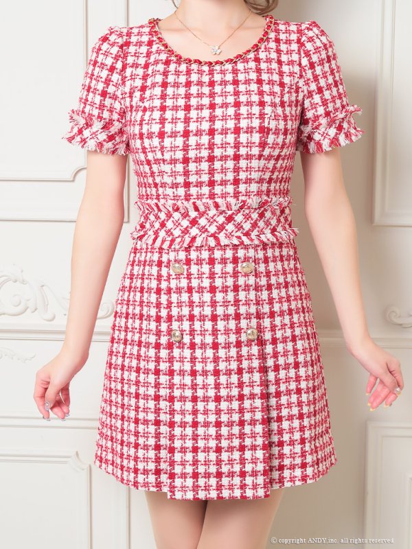 画像5: XSサイズあり【an/アン】チェック柄/ ツイード/ ボートネック/ ボタンデザイン/ 半袖/ 袖あり/ Aライン/ 台形スカート/ ミニドレス/ キャバドレス[OF05] (5)