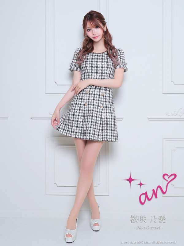 画像9: XSサイズあり【an/アン】チェック柄/ ツイード/ ボートネック/ ボタンデザイン/ 半袖/ 袖あり/ Aライン/ 台形スカート/ ミニドレス/ キャバドレス[OF05] (9)