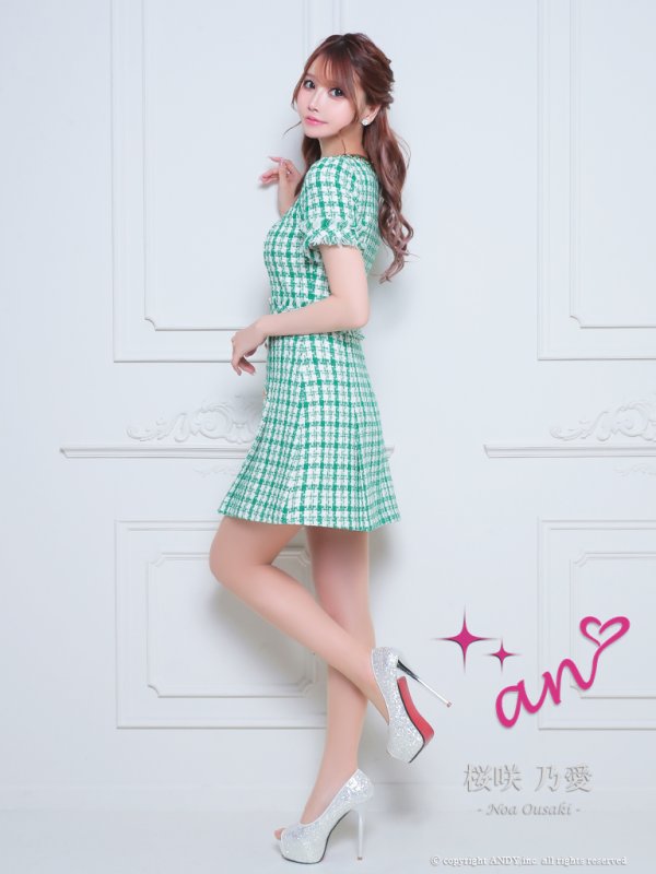 画像17: XSサイズあり【an/アン】チェック柄/ ツイード/ ボートネック/ ボタンデザイン/ 半袖/ 袖あり/ Aライン/ 台形スカート/ ミニドレス/ キャバドレス[OF05] (17)