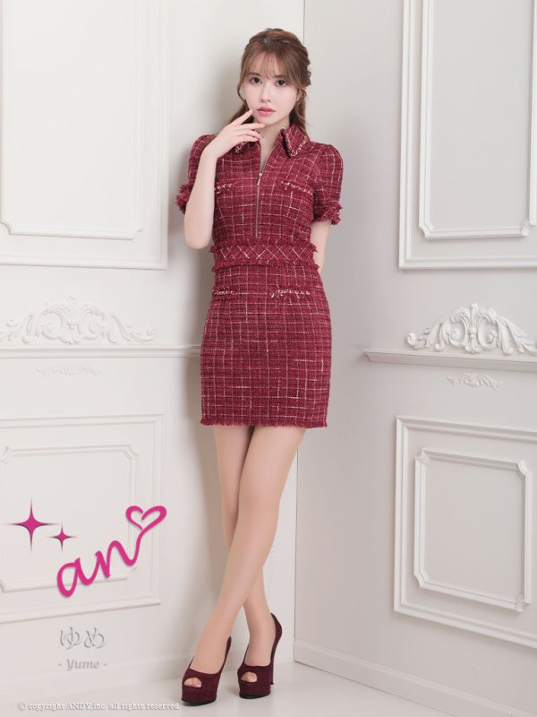 画像9: XSサイズあり【an/アン】襟付き/ フロントジップ/ チェック/ ツイード/ 半袖/ 袖あり/ チェーンパイピング/ タイト/ ミニドレス/ キャバドレス[OF05] (9)