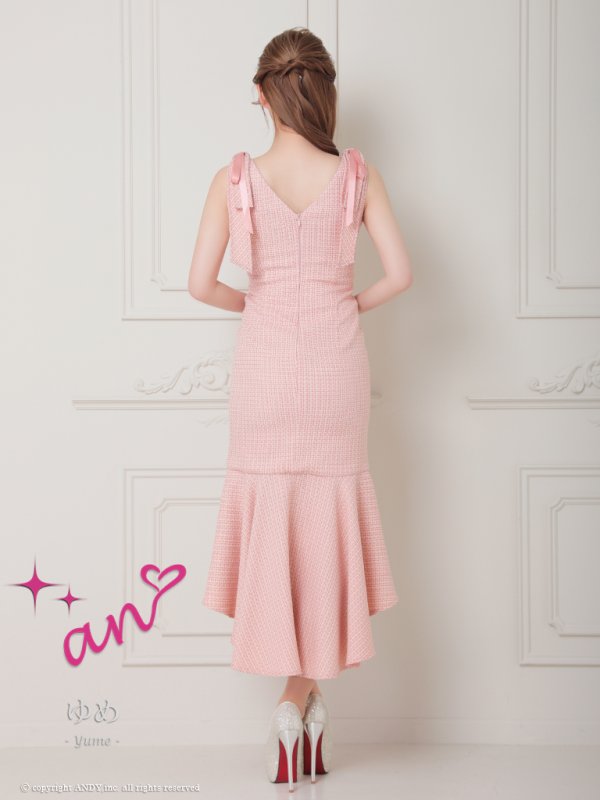 画像12: XSサイズあり【an /アン】マーメイド/ チェックツイード/ ノースリーブ/ フリル/ ショルダーリボン/ ミディアムドレス / キャバドレス[OF05] (12)