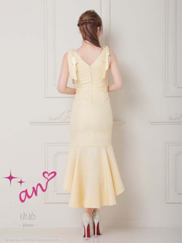 画像4: XSサイズあり【an /アン】マーメイド/ チェックツイード/ ノースリーブ/ フリル/ ショルダーリボン/ ミディアムドレス / キャバドレス[OF05] (4)