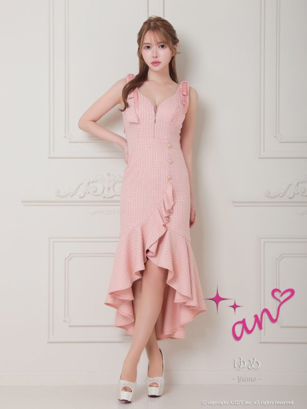 画像10: XSサイズあり【an /アン】マーメイド/ チェックツイード/ ノースリーブ/ フリル/ ショルダーリボン/ ミディアムドレス / キャバドレス[OF05] (10)