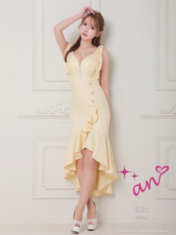 画像2: XSサイズあり【an /アン】マーメイド/ チェックツイード/ ノースリーブ/ フリル/ ショルダーリボン/ ミディアムドレス / キャバドレス[OF05] (2)