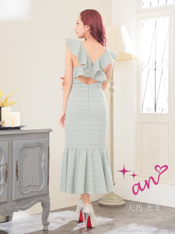 画像46: XSサイズあり【an /アン】チェック/ フリル/ ノースリーブ/ フロントジップ/ マーメイド/ ミディアムドレス / キャバドレス[OF05] (46)