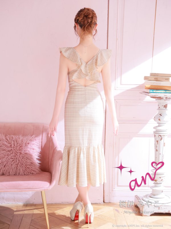 画像6: XSサイズあり【an /アン】チェック/ フリル/ ノースリーブ/ フロントジップ/ マーメイド/ ミディアムドレス / キャバドレス[OF05] (6)