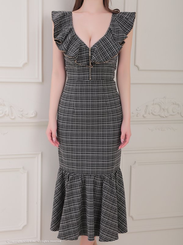 画像38: XSサイズあり【an /アン】チェック/ フリル/ ノースリーブ/ フロントジップ/ マーメイド/ ミディアムドレス / キャバドレス[OF05] (38)