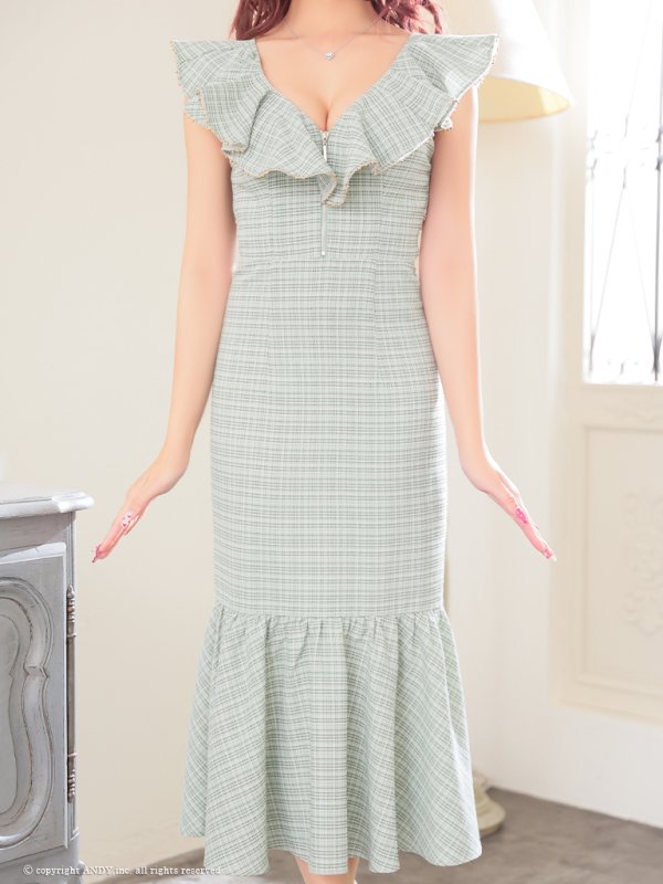 画像47: XSサイズあり【an /アン】チェック/ フリル/ ノースリーブ/ フロントジップ/ マーメイド/ ミディアムドレス / キャバドレス[OF05] (47)