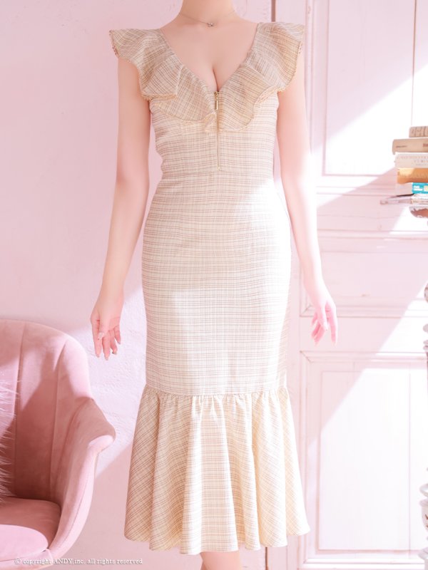 画像7: XSサイズあり【an /アン】チェック/ フリル/ ノースリーブ/ フロントジップ/ マーメイド/ ミディアムドレス / キャバドレス[OF05] (7)