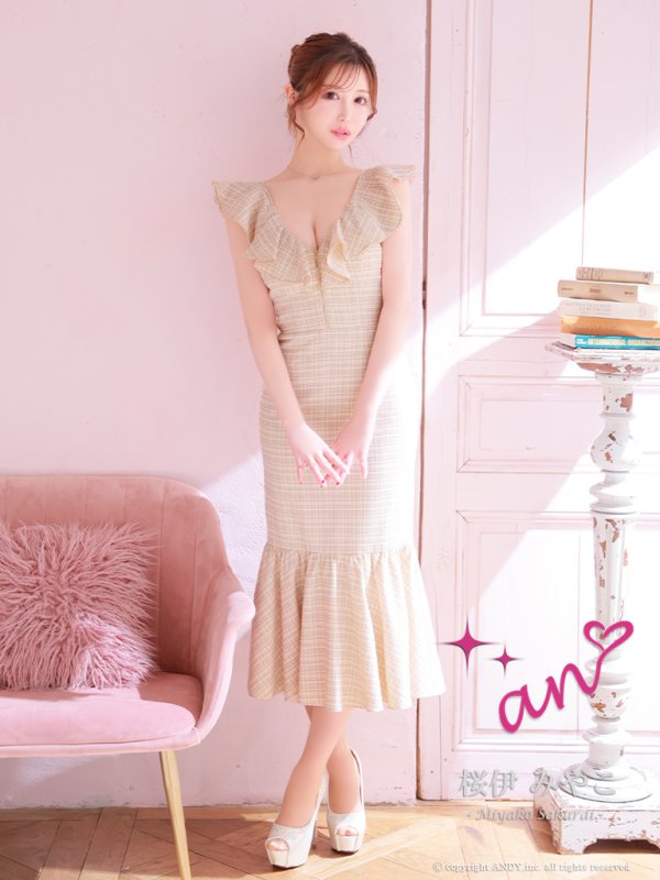 画像4: XSサイズあり【an /アン】チェック/ フリル/ ノースリーブ/ フロントジップ/ マーメイド/ ミディアムドレス / キャバドレス[OF05] (4)