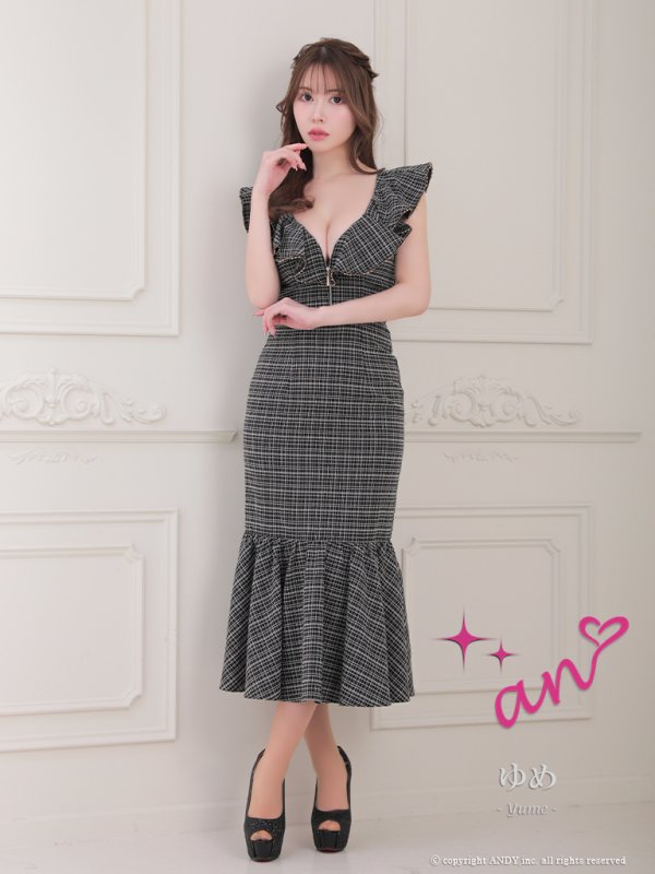 画像35: XSサイズあり【an /アン】チェック/ フリル/ ノースリーブ/ フロントジップ/ マーメイド/ ミディアムドレス / キャバドレス[OF05] (35)
