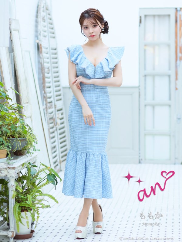 画像25: XSサイズあり【an /アン】チェック/ フリル/ ノースリーブ/ フロントジップ/ マーメイド/ ミディアムドレス / キャバドレス[OF05] (25)