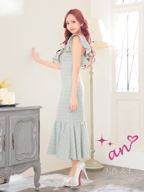 画像45: XSサイズあり【an /アン】チェック/ フリル/ ノースリーブ/ フロントジップ/ マーメイド/ ミディアムドレス / キャバドレス[OF05] (45)