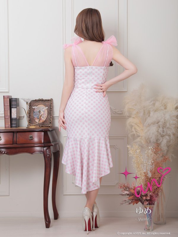 画像27: sugarオリジナルカラー・XSサイズあり【an/アン】ショルダーリボン/ ギンガムチェック/ テールカット/ セットアップ/ ミディアムドレス/ キャバドレス[OF05] (27)