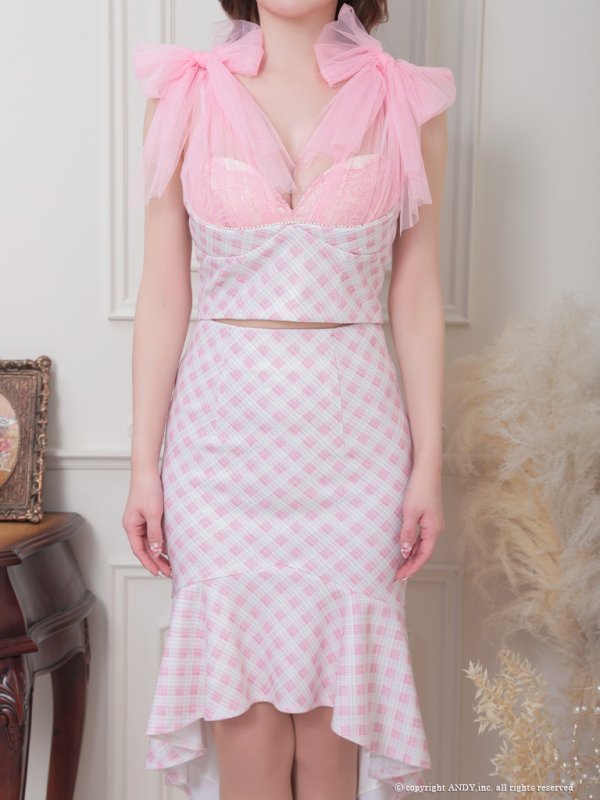 画像28: sugarオリジナルカラー・XSサイズあり【an/アン】ショルダーリボン/ ギンガムチェック/ テールカット/ セットアップ/ ミディアムドレス/ キャバドレス[OF05] (28)