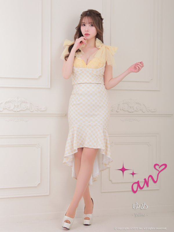 画像5: sugarオリジナルカラー・XSサイズあり【an/アン】ショルダーリボン/ ギンガムチェック/ テールカット/ セットアップ/ ミディアムドレス/ キャバドレス[OF05] (5)
