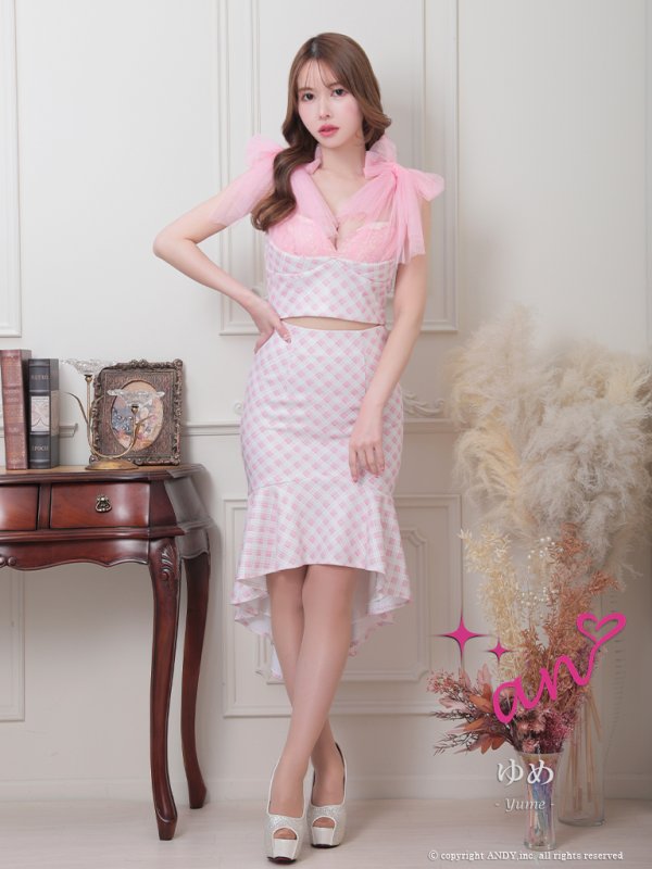 画像25: sugarオリジナルカラー・XSサイズあり【an/アン】ショルダーリボン/ ギンガムチェック/ テールカット/ セットアップ/ ミディアムドレス/ キャバドレス[OF05] (25)