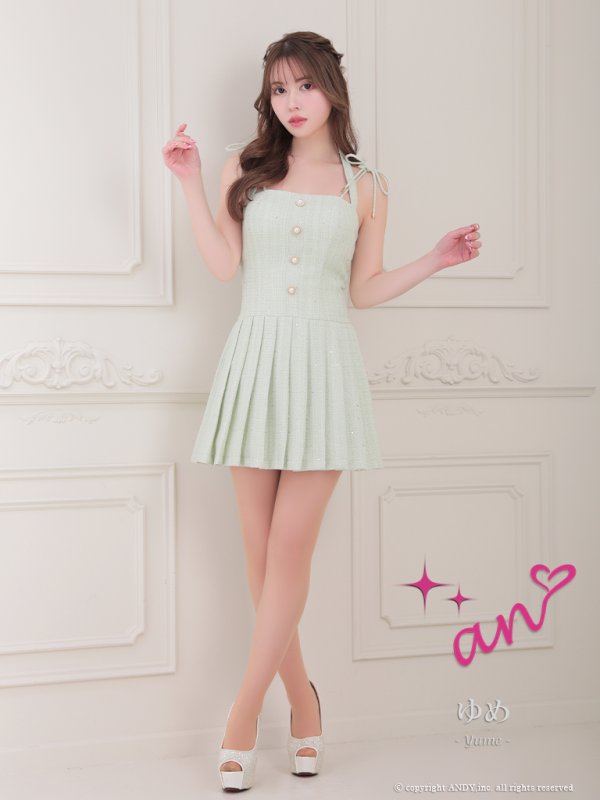 画像5: XSサイズあり【an /アン】パールボタン/ スパンコール/ ツイード/ リボンショルダー/ プリーツ/ フレア/ ミニドレス/ キャバドレス[OF05] (5)